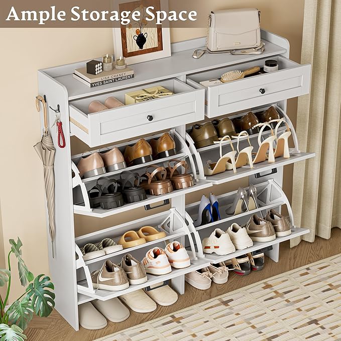 Shoe Storage Cabinet for Entryway, Farmhouse Wide Shoe Cabinet with 4 Flip Drawers and 2 Top Drawers, Freestanding Organizer with Adjustable Shelves, Hooks, and Anti-Tip Kit for Hallway