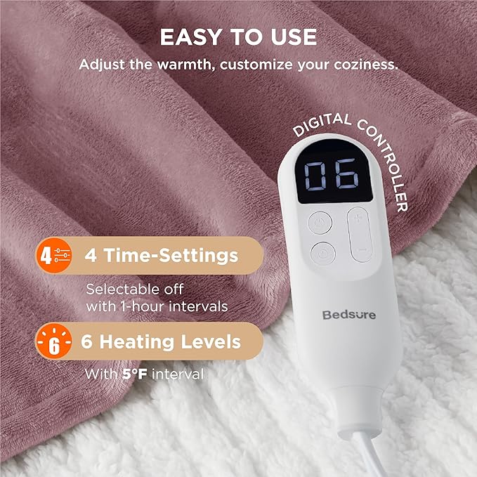Bedsure Heated Blanket Throw Blanket - Fast Heating Electric Blanket, Soft Flannel Heated Throw with 4 Time Settings, 6 Heating Settings, Warm Gifts for Grandma (50x60 inches, Woodrose)