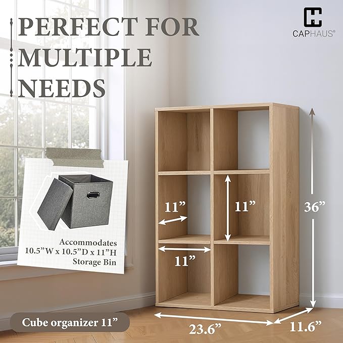 CAPHAUS Sturdy Room 11-Inch Cube Storage Organizer Shelf, with Thick Exterior Edge, Storage Shelf Divider w/Back, Bookcase, 6-Cube, Natural Oak