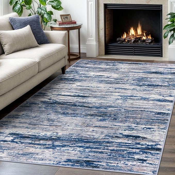 4x6 Modern Abstract Rug for Farmhouse, Navy Blue Gray Neutral Multi Super Soft Washable Rug with Non-Slip, Low-Pile Indoor Door Area Rugs for Living Room Bedroom, Carpet with Non-Shedding