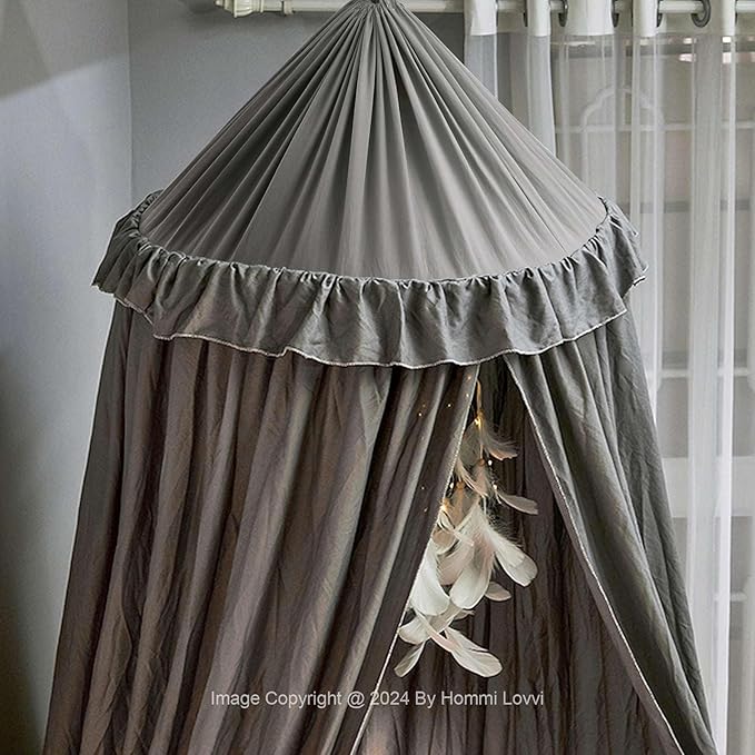 Bed Canopy for Girls, Dreamy Frills Ceiling Hanging Princess Canopy Bedroom Decoration Soft Canopy Net Reading Nook, Extra Large Full Queen Size Bed Canopies - Grey