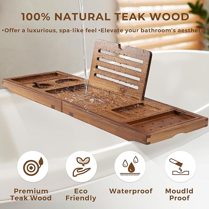 Teak Bathtub Tray Expandable Bathroom Tray for Home Spa Relaxation, Wooden Tray Caddy for Bathtub, Teak Bathtub Caddy as Unique Housewarming, Birthday, Wedding Shower Gifts (Natural Teak)