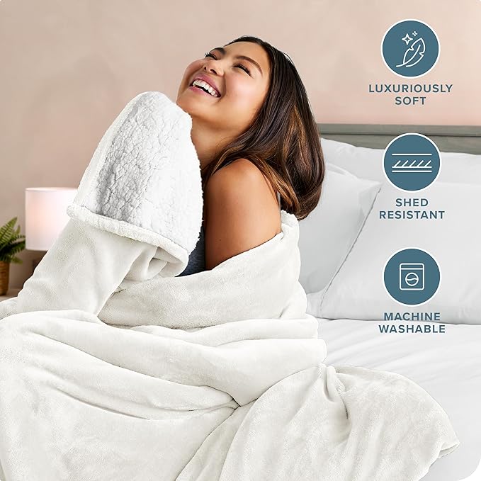 Bare Home Sherpa Fleece Blanket - King Size - Blanket for Bed, Sofa, and Couch - Warm & Lightweight - Fluffy & Soft - Reversible (King, Cream)