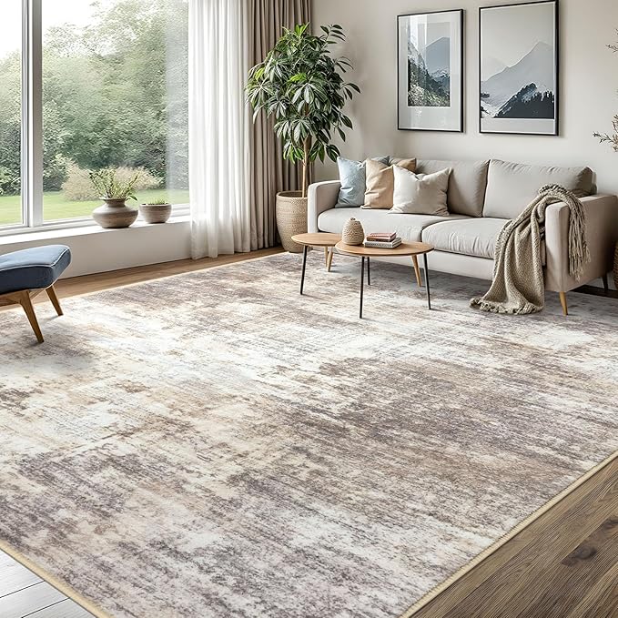 IOHOUZE Abstract Area Rugs 8x10 Ft Washable Large Rugs for Living Room, Non Slip Dining Room Rug, Printed Faux Wool Rugs for Bedroom, Floor Carpet for Office Nursery Playroom, Beige Brown