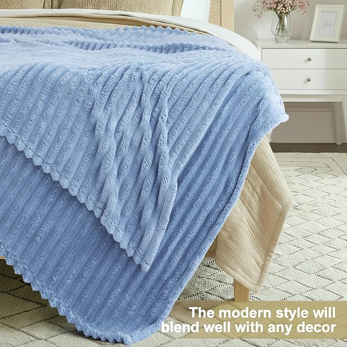 decorUhome Christmas Soft Fleece Blue Grey Blanket Queen Size for Bed, Cozy Fluffy Plush Flannel Large Striped Throws for Couch Sofa, Lightweight Decorative Fuzzy Blanket for Woman, 90x90 Inches