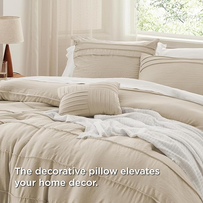 Bedsure King Comforter Set - 4 Pieces Pinch Pleat Bed Set, Linen Boho Bedding for All Season, 1 Soft Comforter, 2 Pillowcases, 1 Decorative Pillow