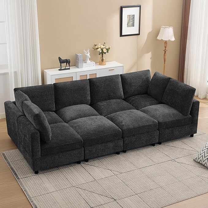 116'' Modular Sectional Cloud Sofa Bed, 8-Seater Convertible Sofa Couch with Ottoman, Modern Deep Seat Sleeper Sofa for Living Room, Chenille Dark Grey