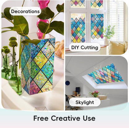 DUOFIRE Stained Glass Window Film Decorative Window Privacy Film Rainbow Diamond Grid Colorful Lattice Windows Cling Anti UV Static Cling Reusable Windows Decal for Home 11.8×39.3 inch