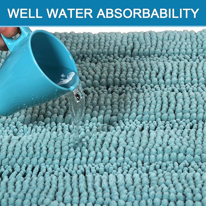 H.VERSAILTEX Bathroom Rugs Bath Mats Sets Super Absorbent Chenille Striped Bath Mats Non Skid Machine Wash Dry Rugs for Bathroom Floor Set of 2(Aqua Haze, 47 x 17 Plus 17 x 24 - Inches)