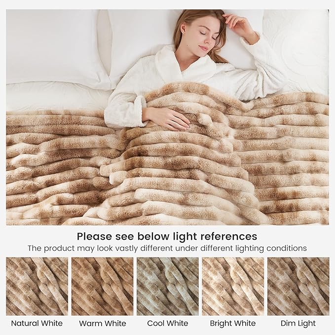 Cozy Bliss Faux Fur Throw Blanket for Couch, Cozy Warm Plush Striped Blanket for Sofa Bedroom Living Room, 90 * 90 Inches Tie-dye Khaki