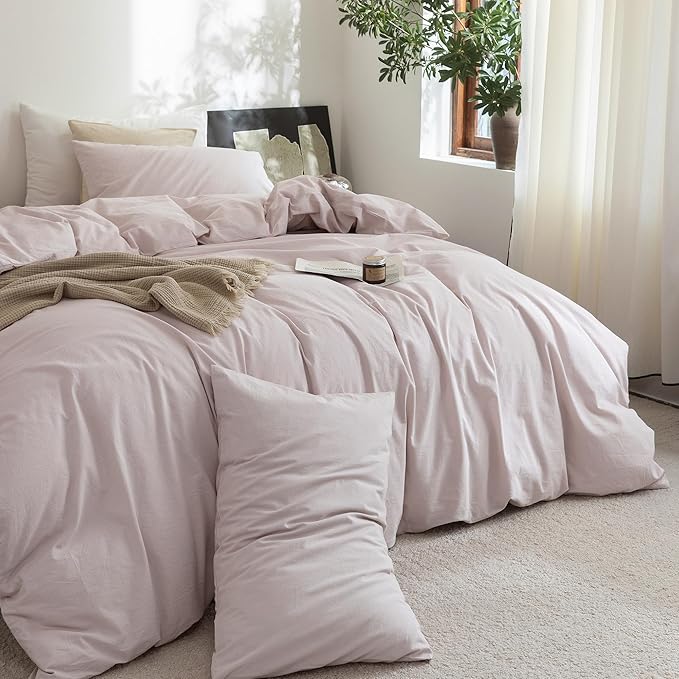 FOSSA Duvet Cover Set 100% Washed Cotton Linen Feel Super Soft Breathable Cozy 3 Pieces Bedding Sets Solid Greyish Pink King