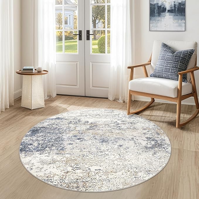 4ft Round Area Rug Living Room Rugs - 4x4 Washable Large Soft Indoor Neutral Modern Abstract Low Pile Rug Carpet for Bedroom Dining Room Farmhouse Home Office - Beige Blue