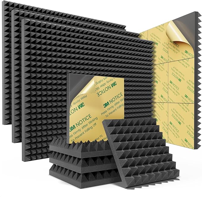 Sonicism Sound Proof Foam Panels for Walls Self-Adhesive 64 Pack Pyramid 2"X 12"X 12" Acoustic Panels 35kg/m³High Density,Soundproof Wall Panels Fast Expand,Sound Absorption and Decoration,Black