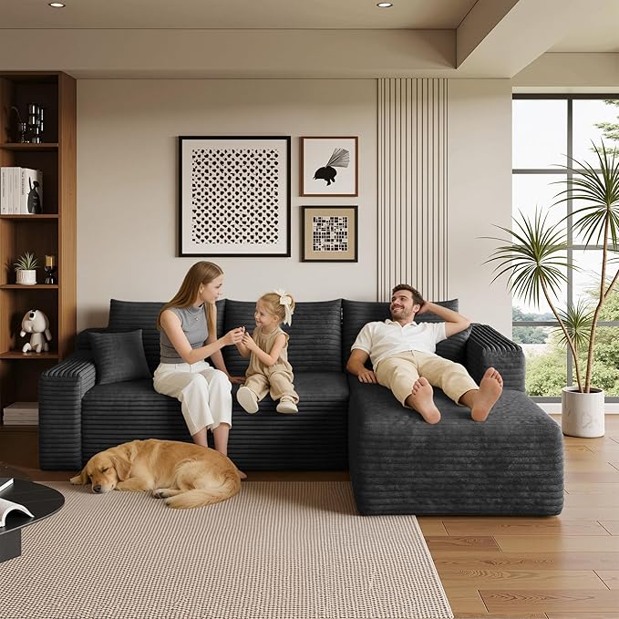 96" Sectional Couches for Living Room Modern Modular Sofa with L-Shape Couchs Upholstered Boneless Couch Deep Seat Sectional Couch with Chaise (Black, 96" Right Facing Chaise+2Seaters)