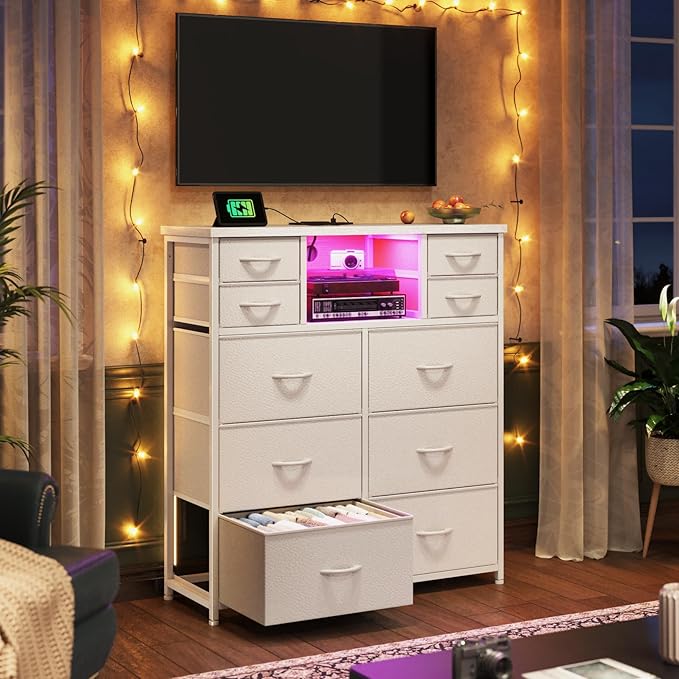White Dresser for Bedroom with 10 Drawers Featuring LED Light and Power Outlet, Fabric Dressers & Chest of Drawers with Open Shelves for Hallway, Living Room, Steel Frame,Wood Top