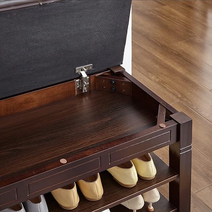 Shoe Storage Bench with Cushion, Entry Bench with Storage Solid Wood Shoe Bench Ideal for Entryway Living Room and Corridor (Brown, 31.5'')