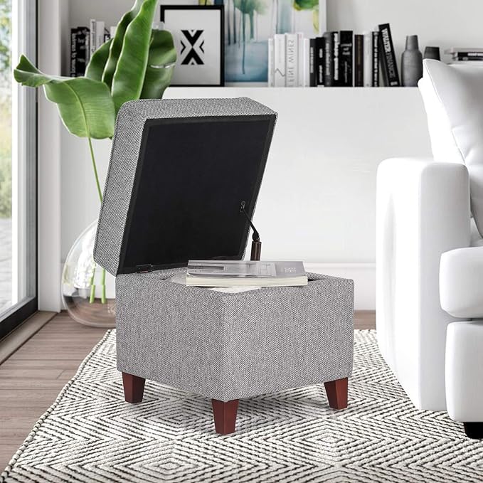 Adeco 17" Square Ottoman with Storage, Small Blue Storage Ottoman Foot Rest with Hinged Lid & Solid Wood Legs, Linen Fabric Foot Stool for Living Room & Bedroom