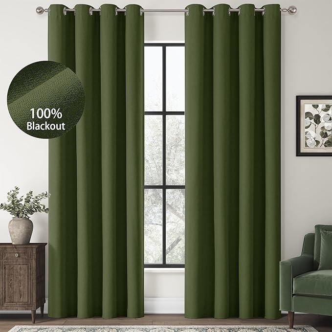 ChrisDowa 100% Blackout Olive Green Solid Curtains 90 Inches Long 2 Panels for Bedroom Living Room,Farmhouse Room Darkening Thermal Insulated Soundproof Grommet Top Window Treatment Drapes,52x90