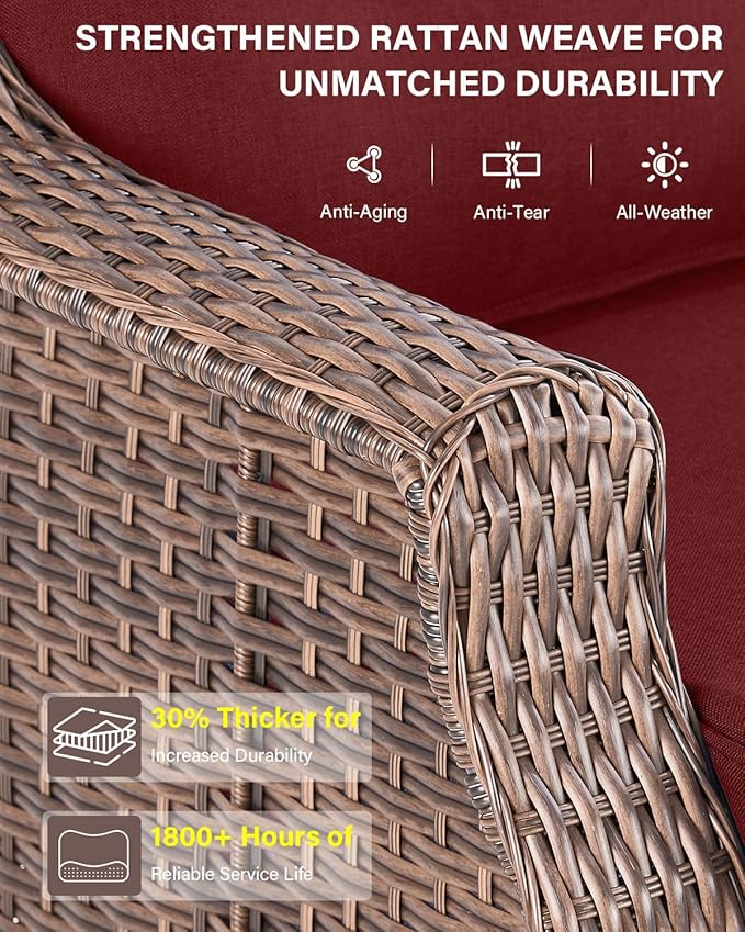 Belord 6" Thick Cushion Outdoor Swivel Rocker Patio Chairs Set of 2,3 Piece Wicker Patio Bistro Set with Side Table and Comfort High Back Outdoor Patio Glider Chair Brown Wicker/Red Cushion
