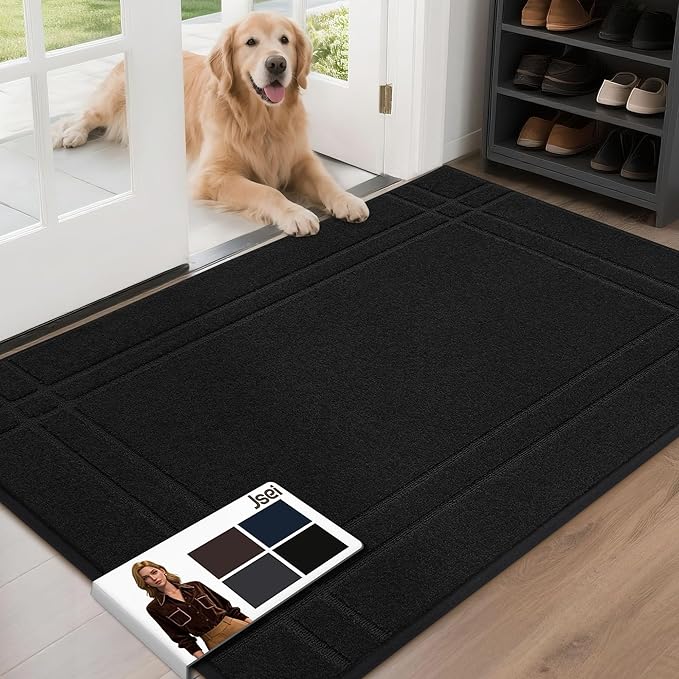 JSEI Entryway Rugs Doormat 32"x48", Non-Slip Dirt Trapper Door Mats Indoor, Washable Absorbent and Stain Resist Welcome Floor Mat for Front Door, Dog Door Mat, Muddy Wet Shoes & Paws, Black
