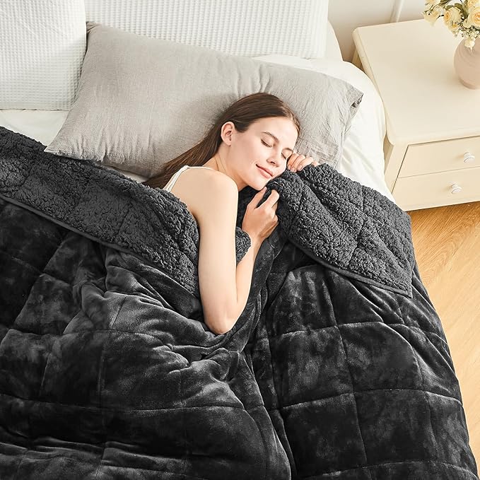 Cottonblue Weighted Blanket 15lbs for Queen Bed - Ultra Soft, Cozy Comfort Sherpa Blanket for Relax and Sleep, Heavy Bed Blankets with Cemaric Beads, 60x80 Inches,Black
