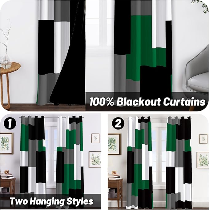 Green Blackout Curtains for Bedroom 96 inch Long 2 Panels Set Black Grey White Modern Abstract Geometric Black Out Curtains Insulated Room Darkening Window Drapes for Living Room, 52Wx96L