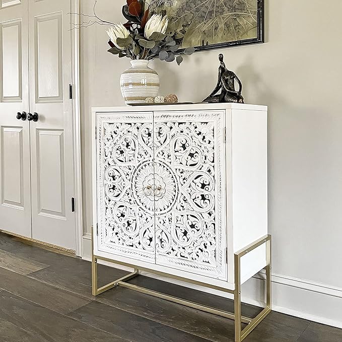 PHI VILLA White Accent Cabinet with Doors, Hollow Carved Small Buffet Sideboard, 2 Door Storage Cabinets