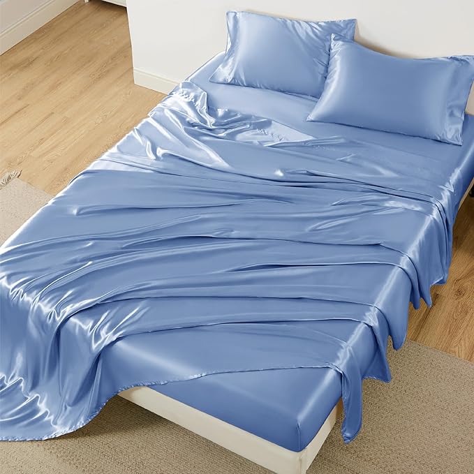 Bedsure Satin Sheets King Size - 4 Piece Silky Bedsheets with 15 Inches Deep Pocket Fitted Bedsheet,1 Flat Sheet, 2 Satin Pillowcases, Good for Hair & Skin (King, Sky Blue)