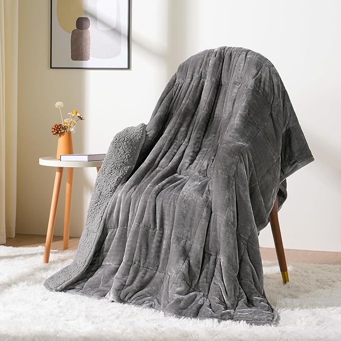 Sherpa Fleece Weighted Blanket 10 lbs for Adult, Flannel Cozy Plush Bed Blankets, Fuzzy Sherpa Weighted Blankets Full Size, Minky Soft Blanket for Sofa Bed, 48 x 72 inches, Grey