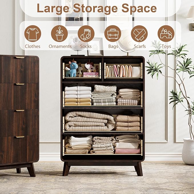 QUW Fluted Dresser for Bedroom with 5 Drawers, Modern 40.2" Tall Drawer Dressers with Metal Handle, Wooden Chest of Dresser for Living Room, Hallway, Dark Walnut