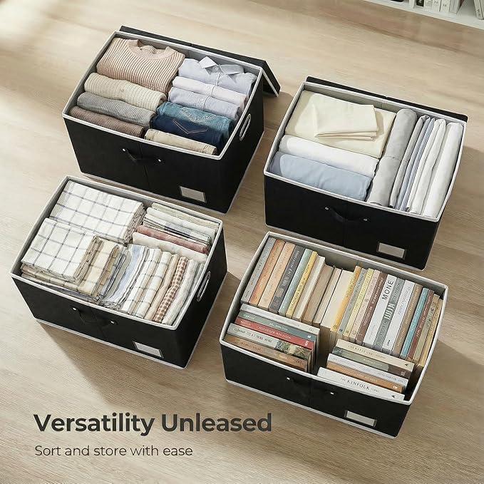 PRANDOM Storage Boxes with Lids [3-Pack] Fabric Collapsible Storage Bins Organizer Containers Baskets Cube with Cover for Home Bedroom Closet Office Nursery Black（23.4X15.9X11.5