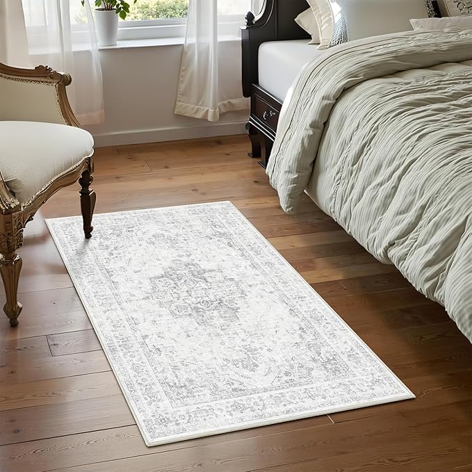 2x3 Vintage Washable Area Rugs for Entryway Soft Non-Slip Bath Mat Boho Medallion Distressed Retro Accent Carpet Floral Low Pile Indoor Throw Rug for Kitchen Laundry Living Room Bedroom, Gray