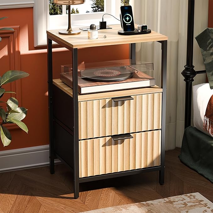 VINGLI Nightstands Set of 2 Fluted Nightstand with Charging Station, Oak Night Stand Set 2, Bed Side Tables with Drawers Fabric, End Tales Bedroom with Charger Station, 14.96" W*11.81" D*23.78" H