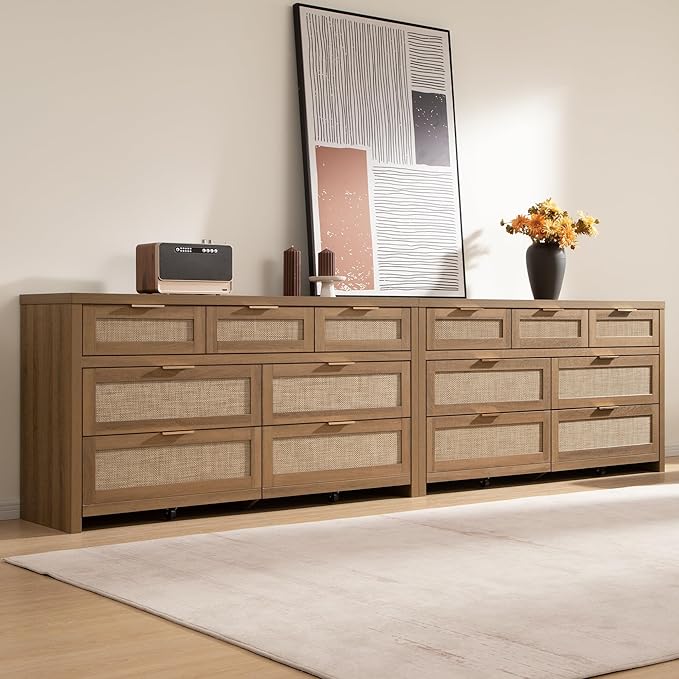 SICOTAS 7 Drawer Dressers for Bedroom Set 2, Long Rattan Dresser, Dresser TV Stand, Closet Organizer Chest of Drawers, Clothes Storage Dressers (Reclaimed Caramel Oak, 7 Drawers (2 pcs))