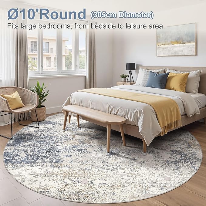 10ft Round Area Rug Living Room Rugs - 10x10 Washable Circle Rug Large Soft Indoor Neutral Modern Abstract Low Pile Carpet for Bedroom Dining Room Farmhouse Home Office - Beige Blue
