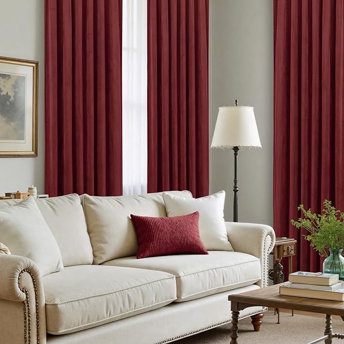 LAMIT Burgundy Red Velvet Curtains 72 Inch for Living Room, Vintage Thermal Insulated Panels Christmas Decor Room Darkening Back Tab and Rod Pocket Drapes for Bedroom/Theater, 2 Panels, 52 x 72 Inch