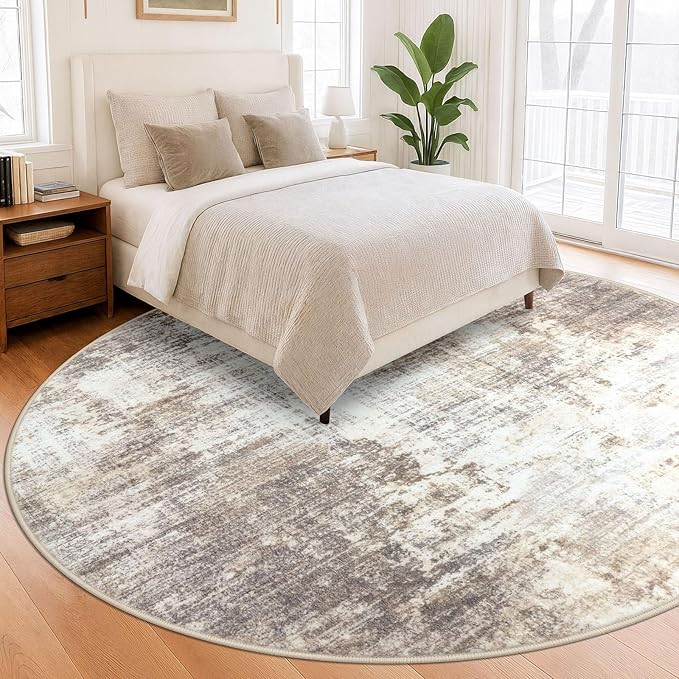 IOHOUZE Abstract Round Area Rug 8 Ft Washable Circle Rugs Large Round Rug Non Slip Thin Soft Circle Rugs, Printed Faux Wool Floor Carpet for Bedroom Living Room Dining Room Nursery, Beige Brown