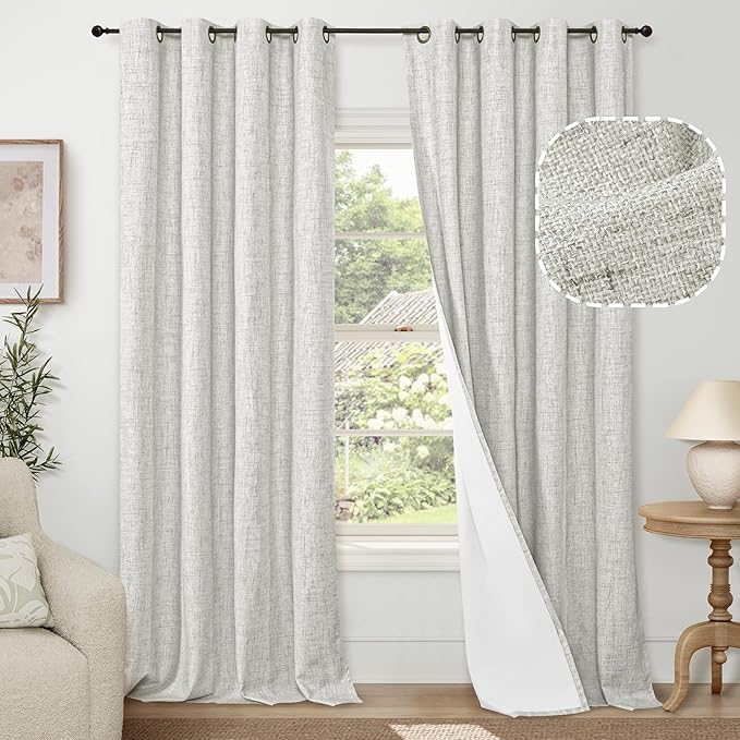 100% Blackout Curtains for Living Room 90 Inch Length 2 Panels Set, Thermal Insulated Light Blocking Boho Faux Linen Window Curtains for Bedroom, Bronze Grommet, Each 52" Wide, Light Grey