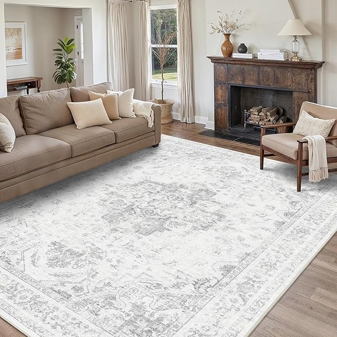 9x12 Vintage Washable Area Rugs Boho Medallion Large Distressed Retro Accent Carpet Floral Non-Slip Soft Low Pile Indoor Throw Rug for Living Room Bedroom Dining Room Office Kitchen, Gray