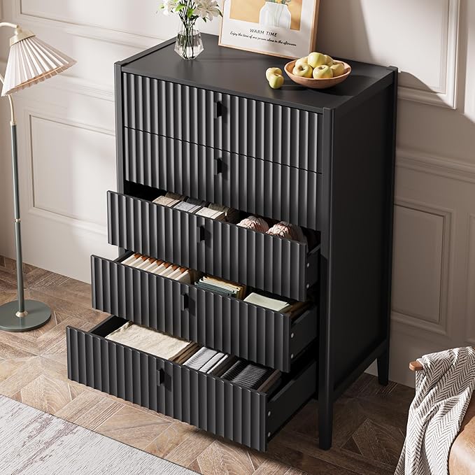 5 Drawer Dresser, Modern Chest of Drawers for Bedroom, Wood Fluted Dresser Organizer with Deep Drawers for Clothes, Nightstand for Bedroom, Hallway, Living Room, Entryway, Black
