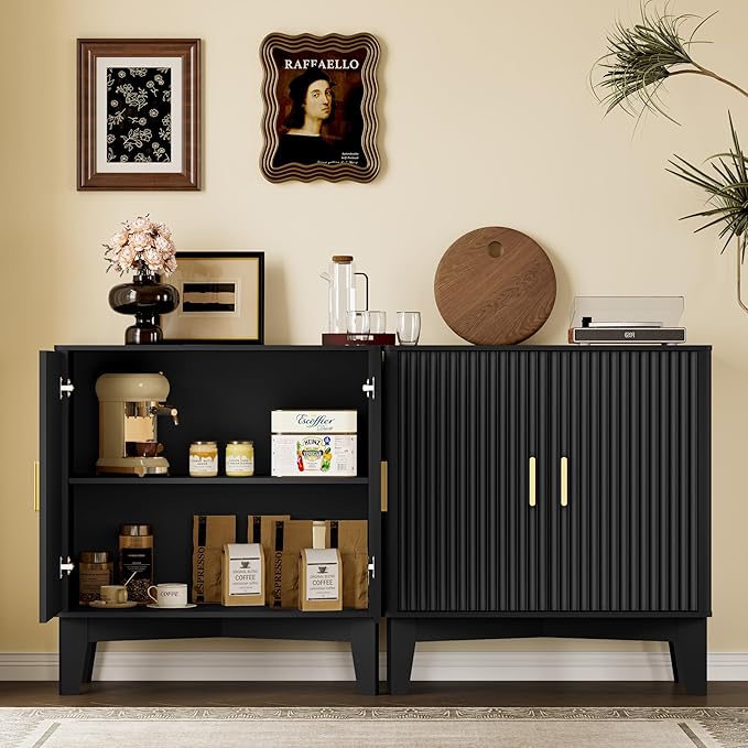 Storage Cabinet with Doors and Adjustable Shelf, Modern Fluted Sideboard Buffet Cabinet, Freestanding Coffee Bar for Kitchen, Pantry, Entryway, Living Room (Black)