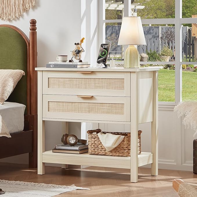 LEYAOYAO 31.5" Wide Rattan Night Stand Set 2 with Charger Station, Oversized Large Boho Nightstand with 2 Drawer, Grey White Bed Side End Tables, Tall Bedside Table for Bedroom Living Room, Hallway