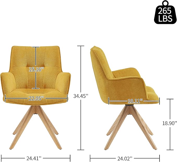 Art Leon Mid Century Modern Swivel Accent Chair - Home Office Desk Chair No Wheels, Fabric Upholstered Armchair with Oak Wood Legs for Small Space Living Room Bedroom, Yellow