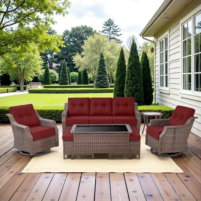 Belord Luxury 6-inch Thick Cushion Patio Furniture Set - Outdoor Swivel Rocker Glider Chairs Set of 4 with Glass Top Side Table, All-Weather Wicker Patio Conversation Set for Deck Balcony Sunroom