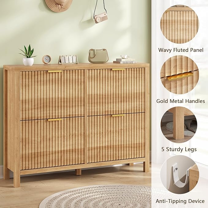 Shoe Cabinet Storage for Entryway, Fluted Shoe Cabinet with 4 Flip Drawers, Hidden Shoe Rack Freestanding Wooden Shoe Organizer with Legs for Hallway, Oak