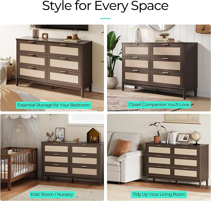 LINSY Rattan 6 Drawer Dresser for Bedroom, 54" Wide Mid-Century Modern Tall Chest of Drawers, Deep Storage Dresser with Curved Corner Design, Large Accent Wood Cabinet for Bedroom, Walnut