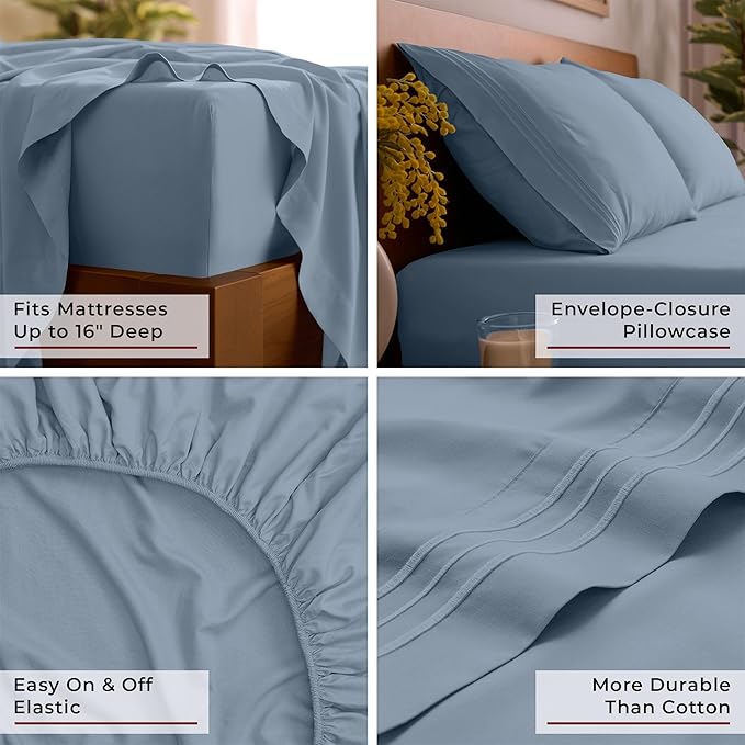 Mellanni Split King Sheet Set - 7-Piece Iconic Collection Bedding, (Including 4 Pillowcases), 16-Inch Deep Pocket, Easy Care, Extra Soft, Cooling Sheets, Brushed Microfiber - Blue Hydrangea