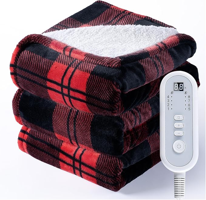 Heated Electric Blanket Twin Size 84" x 62", 8 Heat Settings, 10-Hour Selectable Auto Shut-Off, Fast Heating Blanket, Machine Washable, Warm and Cozy Red Black Plaid Checkered Sherpa Blanket,