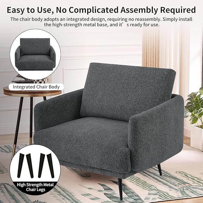 Oversized Accent Chair for Living Room Cozy Reading Chairs Mid-Century Modern Accent Chairs Armchair with Metal Legs Single Sofa Chair for Home Office (1-PCS, Chenille Fabric- Dark Grey)
