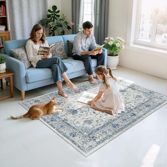 Area Rugs 4'x6' Washable Non-Slip, Floral Vintage Distress Print Pattern Medallion Carpet for Living Room Bedroom Dining Room, Light Blue Navy Beige Gray White